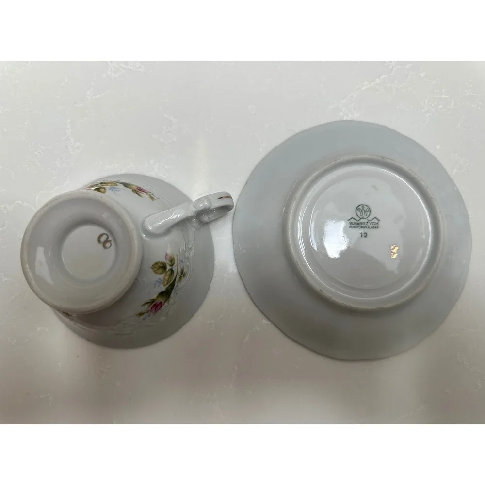 Walbrzych Poland Porcelain Tea Cup and Saucer Set Pink Rose‎ Gold Trim Vintage